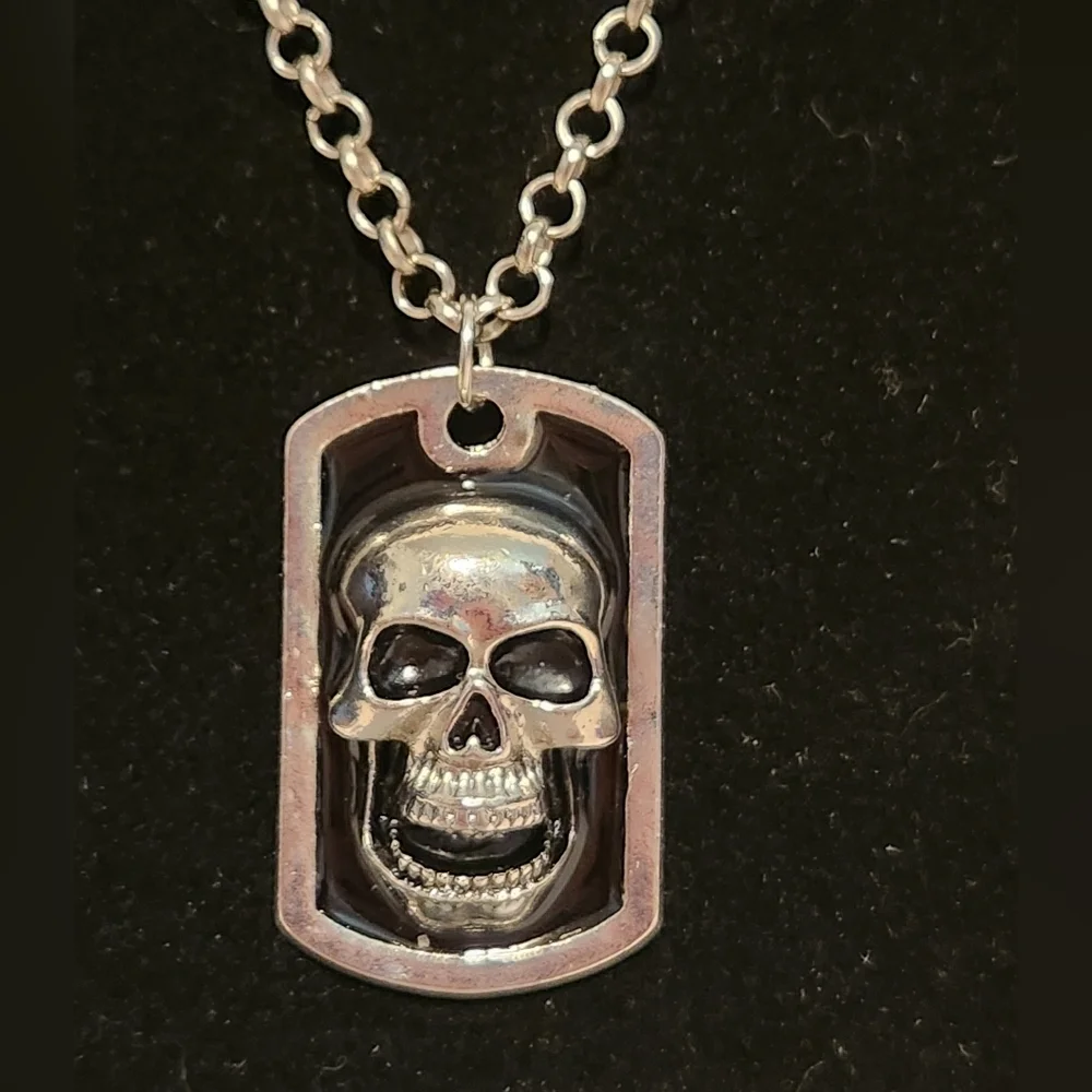 Silvertone Chain Skull Head Necklace
